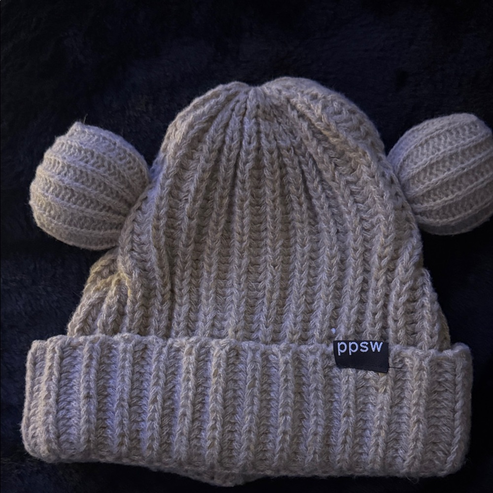 Cream Knit Beanie with Pom Poms
